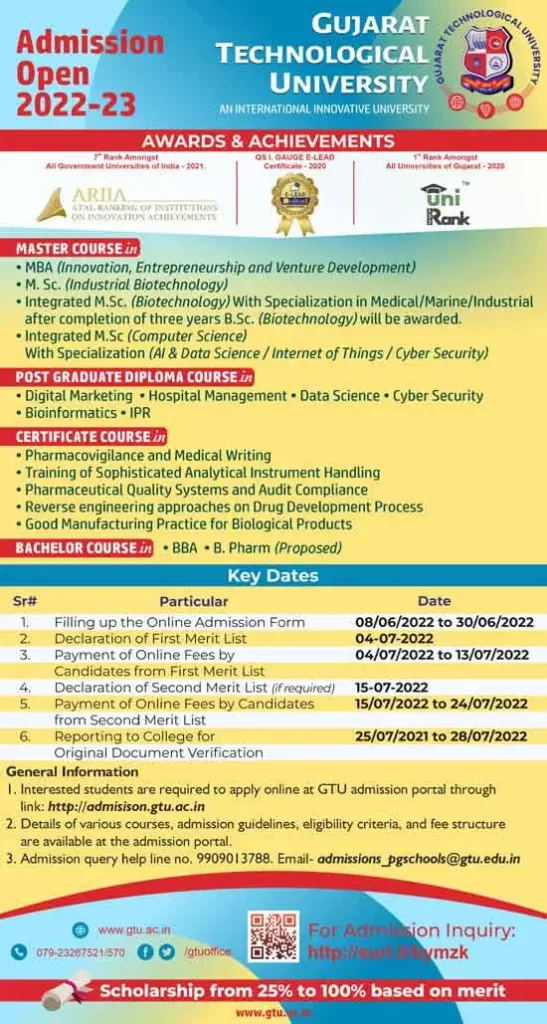 GTU Admission 2022-23 Advertisement