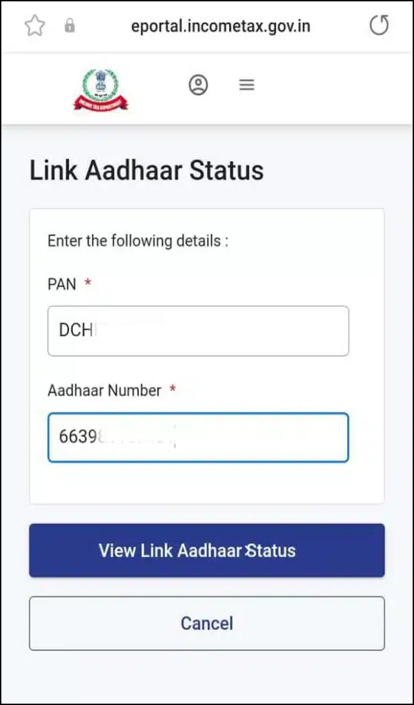 PAN not Linked with Aadhaar. Please Click on Link Aadhaar Link to Link Your Aadhaa with PAN